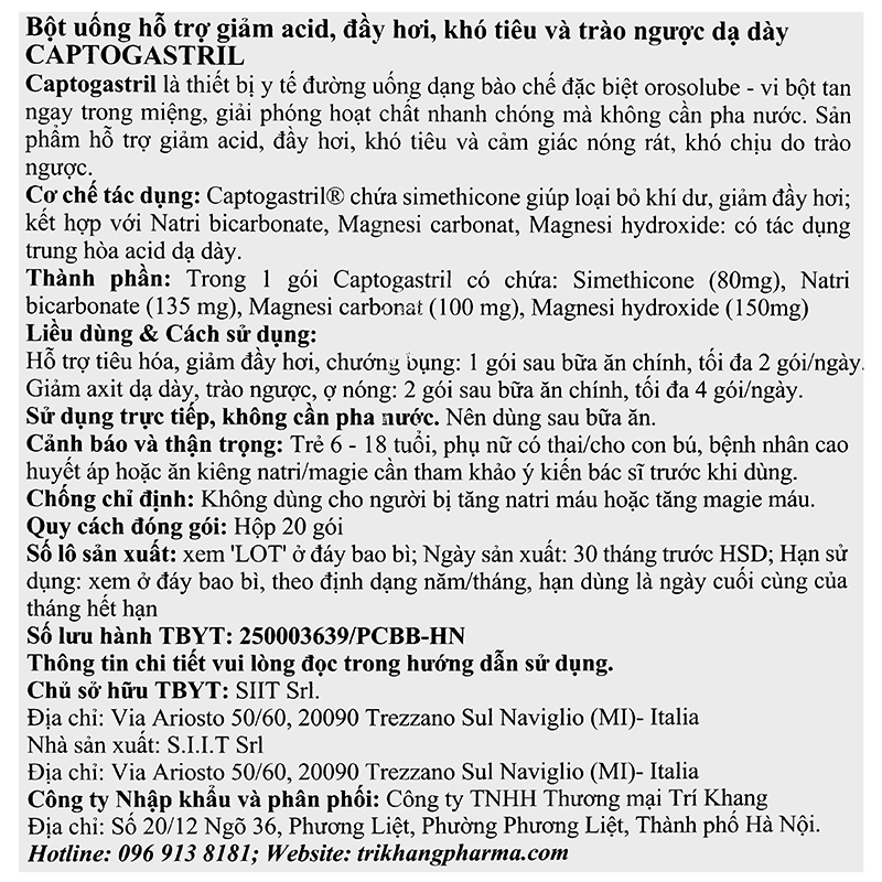 Bột Captogastril hỗ trợ giảm đầy hơi, khó tiêu, trào ngược dạ dày hộp 20 gói - 9